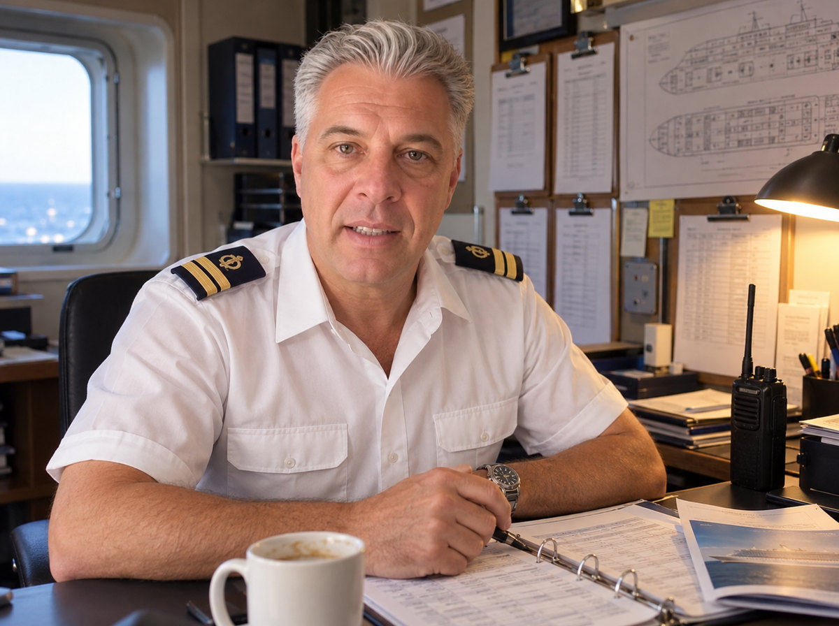 Thomas Ashford at a ship's desk in officer's whites, with a deck plan, a manifest binder and a handheld radio beside him.