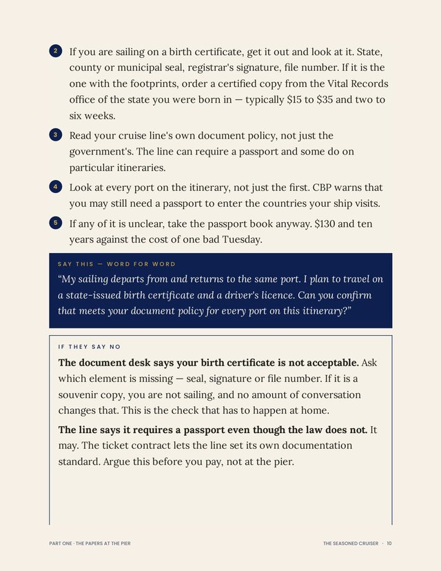 Page 10 of the Cruise Rule Book: the words to say, and what to say when they say no.