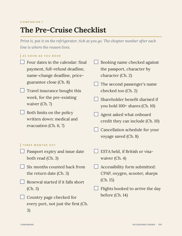 Page 159 of the Cruise Rule Book: companion 1, the Pre-Cruise Checklist.
